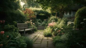 generativ ai, schön Sommer- Privat Garten mit viele Blumen und Pflanzen, Natur Landschaft, Englisch Landschaft Hütte Stil foto