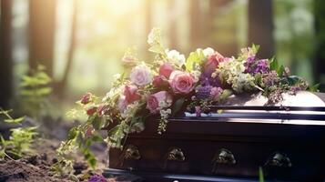 generativ ai, Blumen auf ein Sarg im das Beerdigung oder Beerdigung Dienstleistungen beim Friedhof, Schatulle mit Blumen foto