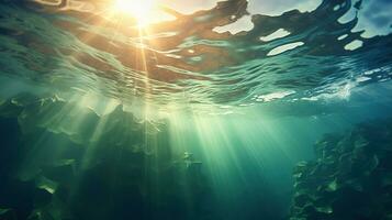 generativ ai, dunkel Blau Ozean Oberfläche gesehen von unter Wasser mit Sonne Licht foto