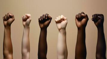 Afroamerikaner und kaukasisch Hände mit geballt Fäuste ai generiert foto