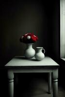 ein Weiß Tabelle mit zwei Weiß Vasen auf oben von Es. ai generiert foto