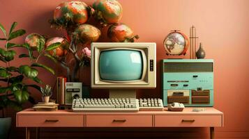 alt stilvoll Jahrgang retro persönlich Computer zum Video Spiele und Arbeit Poster von das 80er Jahre 90er Jahre foto