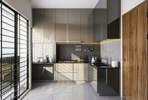 das perfekt Kombination von Luxus und Stil im Ihre modern Küche Design 3d machen 3d Rendern foto