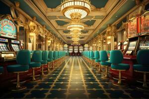 Luxus Kasino Innere mit Slot Maschinen, 3d machen. klassisch Jahrgang amerikanisch las Vegas Kasino Innere, ai generiert foto