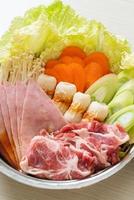 Sukiyaki oder Shabu Hot Pot schwarze Suppe mit rohem Fleisch und Gemüse - japanische Küche