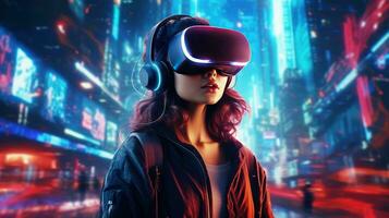 generativ ai, schön Frau im vr Brille im Neon- Raum Straße, virtuell Wirklichkeit Headset im Cyberspace foto