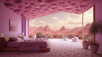 generativ ai, Fantasie Rosa lila entspannen Zimmer mit verträumt Bett, Fenster und schön Landschaft mit Wolken. Schlafzimmer im Ruhe Lavendel und violett Farben. foto