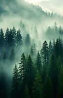 generativ ai, neblig Tanne Wald schön Landschaft im Hipster Jahrgang retro Stil, nebelig Berge und Bäume. foto