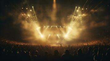 generativ ai, Menschen Menge auf Musik- Felsen Festival Konzert im Stadion, groß Bühne zündete durch Scheinwerfer. foto
