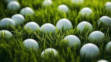 generativ ai, schließen oben Golf Bälle auf Grün Gras, Golf Kurs Hintergrund foto