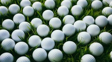 generativ ai, schließen oben Golf Bälle auf Grün Gras, Golf Kurs Hintergrund foto