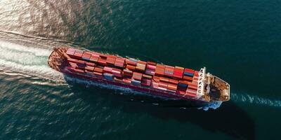 generativ ai, Container Schiff im importieren Export und Geschäft Logistik. Antenne Sicht, Wasser Transport, Ladung Versand im öffnen Meer. foto