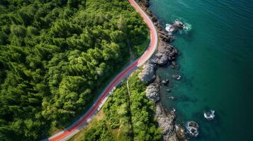 generativ ai, Antenne Aussicht von gebogen Asphalt Straße in der Nähe von das Ozean oder Meer, Küste foto