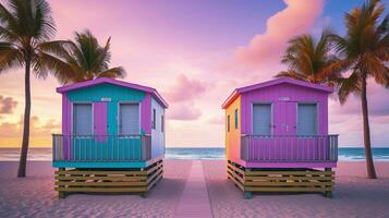 generativ ai, Miami Strand Hütten, Sommer- Stimmung retro Illustration. Jahrgang Rosa und Blau Farben, Gebäude, Kalifornien Palmen, 80er Jahre Stil foto