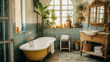 generativ ai, retro Boho Hotel Badezimmer, puerto rico Stil. hell Farben und Pflanzen foto