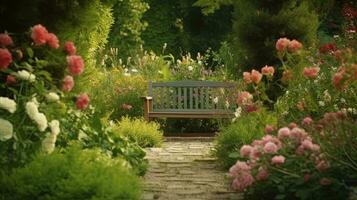 generativ ai, schön Sommer- Privat Garten mit viele Blumen und Pflanzen, Natur Landschaft, Englisch Landschaft Hütte Stil foto