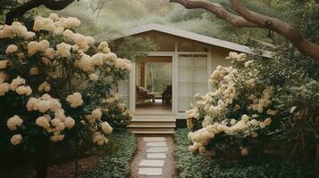 generativ ai, schön ästhetisch Privat Garten mit viele Blumen und Pflanzen, Natur Landschaft, stumm geschaltet neutral Farben foto