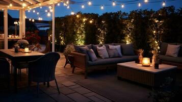 generativ ai, gemütlich Balkon im das Abend mit Laterne, Girlande und Kerzen. Sanft Sofas und Stühle zum entspannen. Bohemien Ideen foto