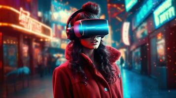 generativ ai, schön Frau im vr Brille im Neon- Raum Straße, virtuell Wirklichkeit Headset im Cyberspace foto
