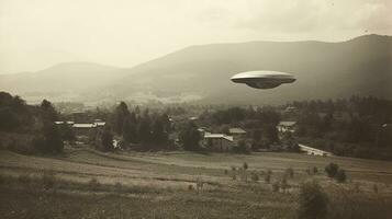 generativ ai, UFO Über das Italienisch Landschaft Jahrgang Foto, Aliens Zeugen retro 1930er Jahre Stil Fotografie foto