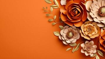 generativ ai, Papier Schnitt Kunst Blumen und Blätter, Aprikose zerquetschen Orange Farbe, Origami texturiert Hintergrund, Frühling Stimmung. Blumen- Rahmen Layout.. foto