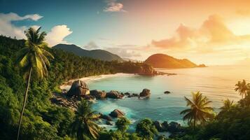 generativ ai, schön Strand von Seychellen, Ozean oder Meer Landschaft, Ferien auf Paradies. tropisch Inseln foto