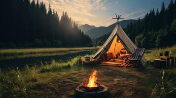 generativ ai, Camping draussen Konzept in der Nähe von das See oder Fluss, Tourist Lager auf das schön Grün Landschaft mit Berge foto