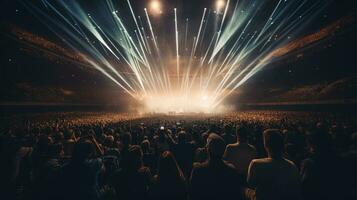 generativ ai, Menschen Menge auf Musik- Felsen Festival Konzert im Stadion, groß Bühne zündete durch Scheinwerfer. foto