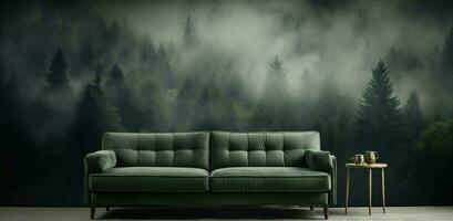 generativ ai, Innere Design mit Couch, Sofa und Hintergrund von Tanne Wald schön Landschaft im Hipster Jahrgang retro Stil, nebelig Berge und Bäume. foto