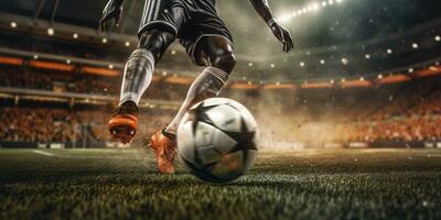 generativ ai, Fußball Stiefel treten ein Fußball Ball, Tor Moment auf das Stadion foto