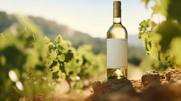 generativ ai, Weiß Wein Flasche spotten oben auf Weinberg Landschaft im das Sonnenschein, bewältigen Raum und Platz zum Logo foto