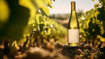 generativ ai, Weiß Wein Flasche spotten oben auf Weinberg Landschaft im das Sonnenschein, bewältigen Raum und Platz zum Logo foto