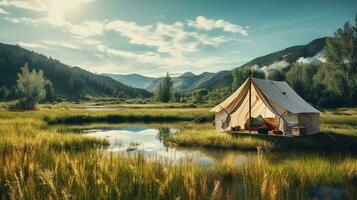 generativ ai, Camping draussen Konzept in der Nähe von das See oder Fluss, Tourist Lager auf das schön Grün Landschaft mit Berge foto