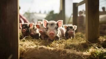 generativ ai, wenig Schweine suchen beim das Kamera auf ein Bauernhof foto