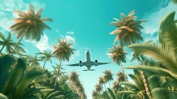generativ ai, Flugzeug fliegen Über ein tropisch Insel mit Palme Bäume. reisen, Ferien Konzept. schön Himmel Hintergrund foto