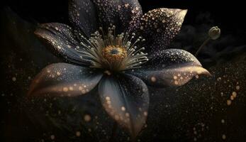 generativ ai, schließen oben von Blühen Blumenbeete von tolle schwarz Blumen auf dunkel gotisch launisch Blumen- texturiert Hintergrund. fotorealistisch bewirken foto