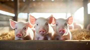 generativ ai, wenig Schweine suchen beim das Kamera auf ein Bauernhof foto