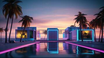 generativ ai, Miami Strand Hütten, Sommer- Stimmung retro Illustration. Jahrgang Rosa und Blau Farben, Gebäude, Kalifornien Palmen, 80er Jahre Stil foto