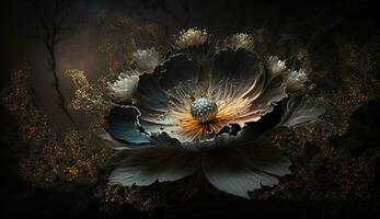 generativ ai, schließen oben von Blühen Blumenbeete von tolle schwarz Blumen auf dunkel gotisch launisch Blumen- texturiert Hintergrund. fotorealistisch bewirken foto