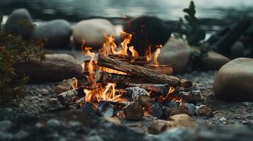 generativ ai, Verbrennung Lagerfeuer im das Abend, Camping draussen Konzept im neutral stumm geschaltet Farben, Tourist Lager foto