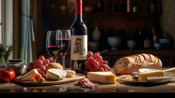 generativ ai, Wein immer noch Leben mit Trauben, Rosmarin, Prosciutto, Blau Käse, Feigen, Brot. foto