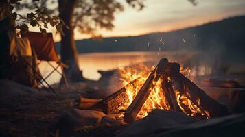 generativ ai, Verbrennung Lagerfeuer im das Abend, Camping draussen Konzept im neutral stumm geschaltet Farben, Tourist Lager foto