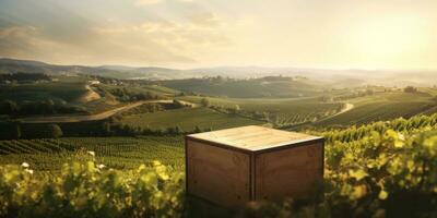 generativ ai, schön Weinberg mit hölzern Fässer, Grün Landschaft. Reihen von Reben auf Sonnenuntergang foto