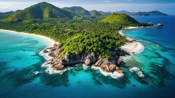 generativ ai, schön Strand von Seychellen, Ozean oder Meer Landschaft, Ferien auf Paradies. tropisch Inseln foto