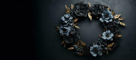 generativ ai, schließen oben Kranz, Blühen Blumenbeete von tolle schwarz Blumen auf dunkel launisch Blumen- texturiert Hintergrund. foto