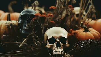 generativ ai, Halloween Hintergrund mit Schädel, Blumen und Gefieder im Boho Stil, stumm geschaltet neutral Farben, Zuhause Dekoration foto