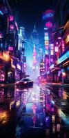 generativ ai, Nacht Szene von nach Regen Stadt im Cyberpunk Stil, futuristisch nostalgisch 80er, 90er. Neon- Beleuchtung beschwingt Farben, fotorealistisch Vertikale Illustration. foto