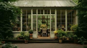 generativ ai, schön ästhetisch Privat Garten mit viele Blumen und Pflanzen, Natur Landschaft, stumm geschaltet neutral Farben foto