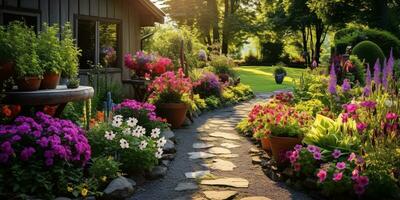 generativ ai, schön Sommer- Privat Garten mit viele Blumen und Pflanzen, Natur Landschaft, Englisch Landschaft Hütte Stil foto