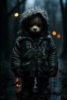 dunkel Schatten umhüllend ein einsam Teddy Bär implizieren Kindheit Albträume foto